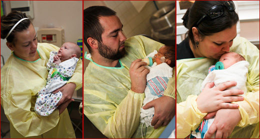 Three photos of the Howell family holding baby Ryder at the hospital.